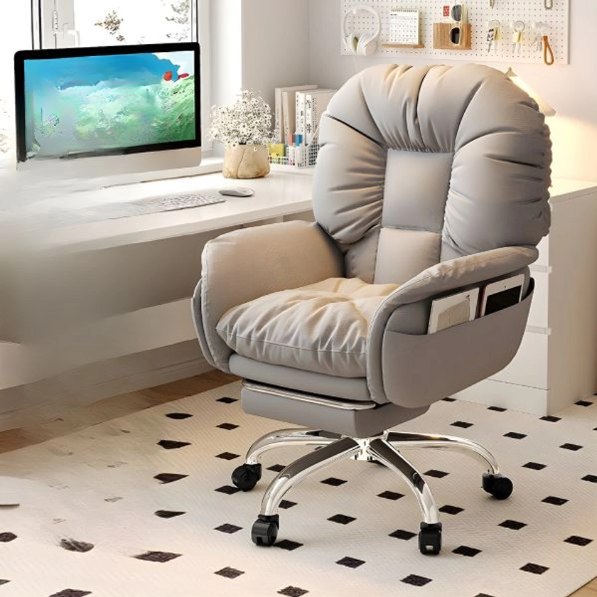 Leather Mid-Back Adjustable Height Chair with Swivel Casters for Home Office - Grey With Footrest Office Chairs