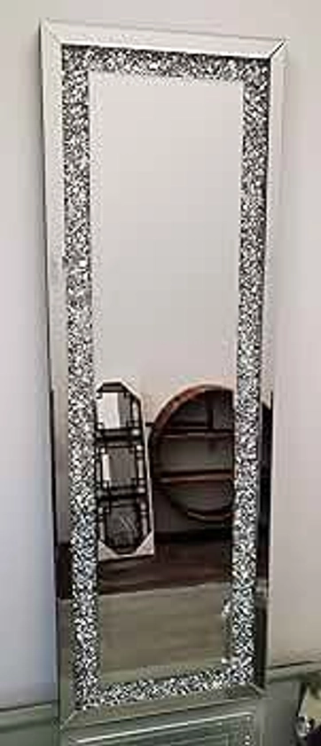 DEENZ 40X120Cm New Gatsby Full Length Crushed Diamond Crystal Glass Silver Rectangle Frame Bevelled Wall Mirror Home Décor For Living Room Bedroom Bathroom Hang Both Way