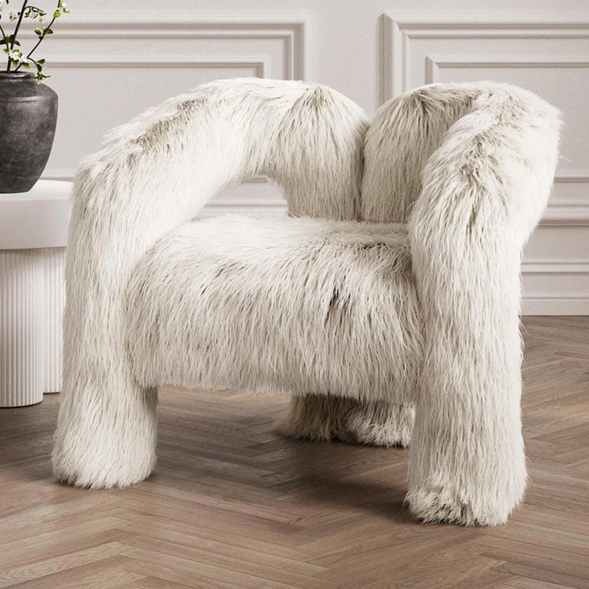 Cream Faux Fur Statement Curved Accent Chair