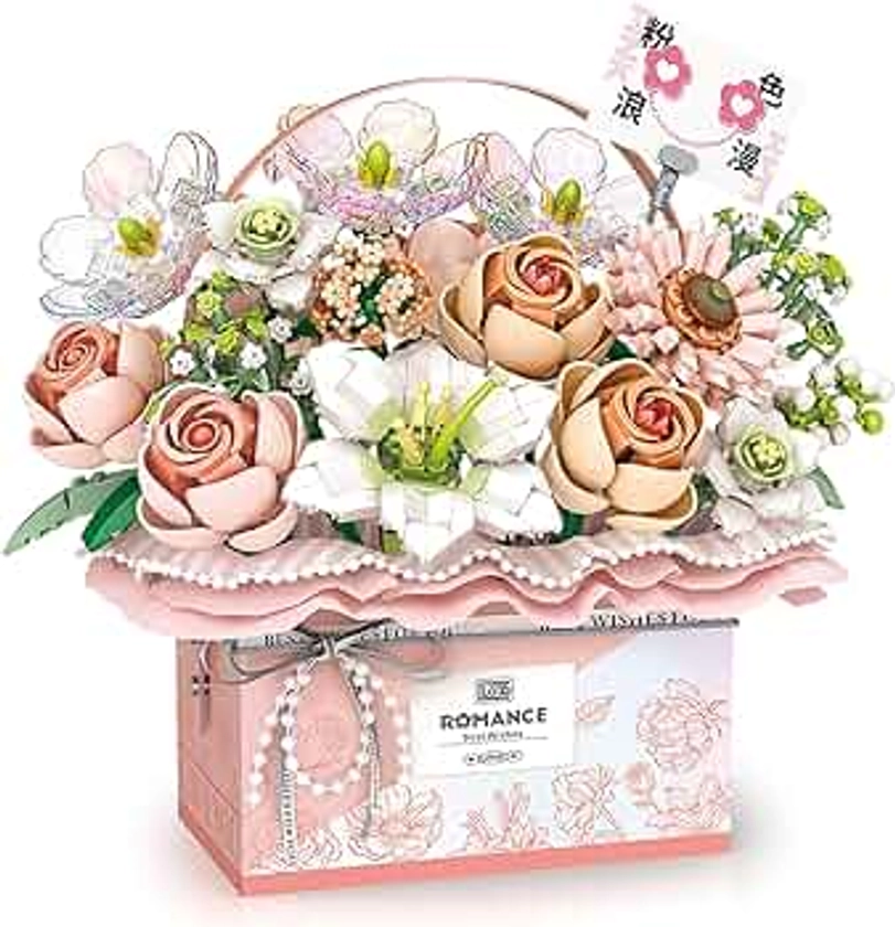 Flowers Bouquet Building Blocks Model Set,DIY Rose Handheld Gift Box,Rose Bouquet Bonsai Building Block Toy,Suitable for Adults and Children(Pink)