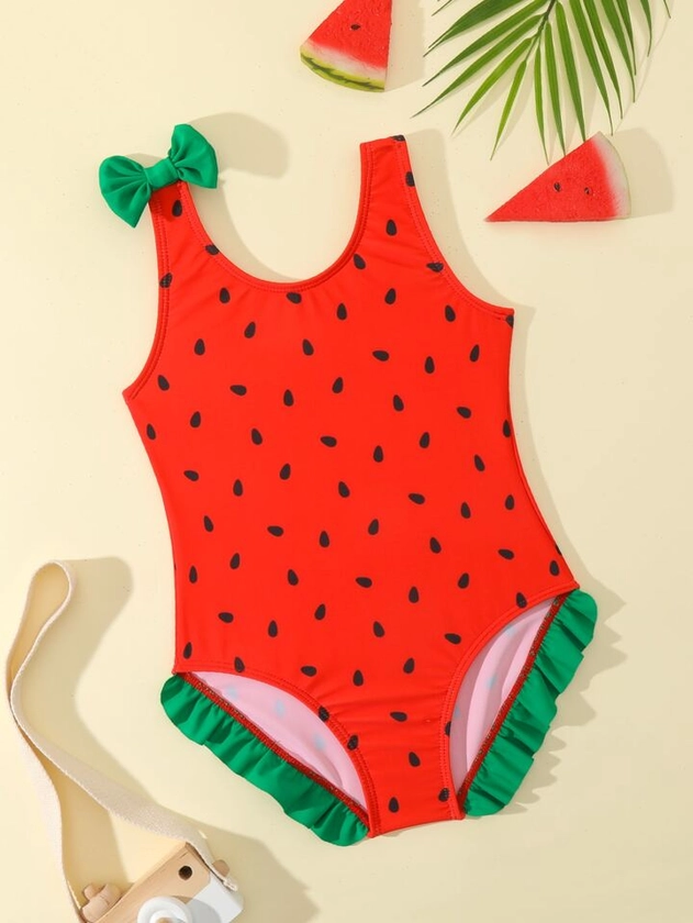 Young Girl Watermelon Print Bow Decor One Piece Swimsuit