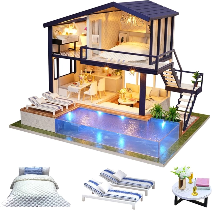 CUTEROOM Maison de poupées en Bois à Faire soi-même - Modèle Miniature et mobilier - Appartement avec Piscine : Amazon.fr: Jeux et Jouets