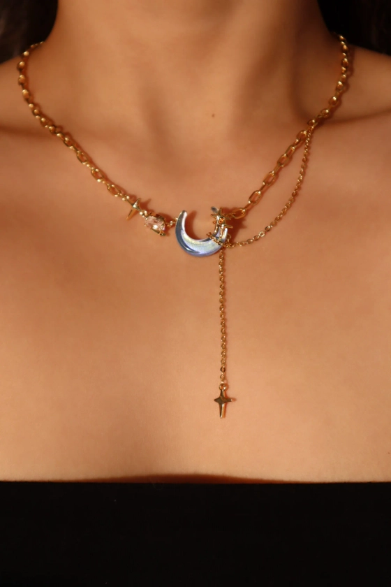 18K Real Gold Plated Moonstone Moon Star Chain Necklace