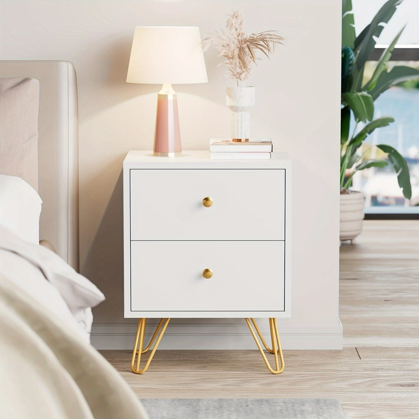 * Nightstand, End Side Table, Bedside Table with 2 Drawers Night Stand Metal Legs and Knobs for Bedroom Living Room