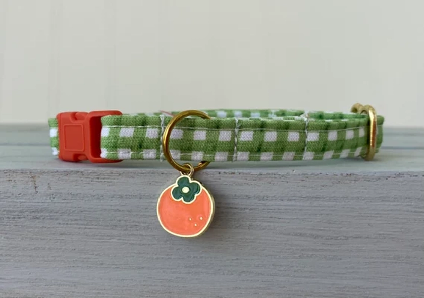 Clementine Cat Collar, Green Gingham Cat Collar with clementine charm, Dog Non Breakaway, custom size