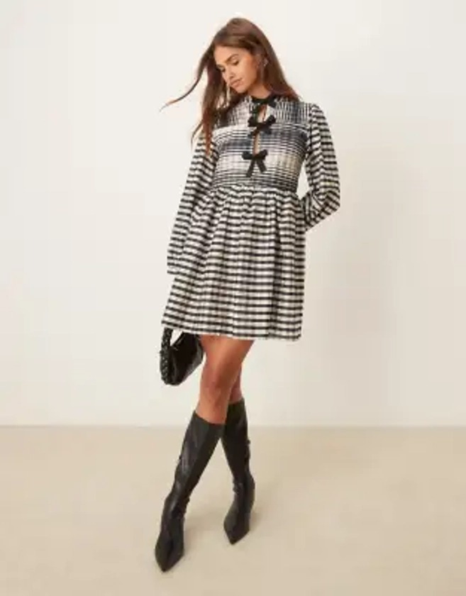 Ghospell Bobbi plaid bow mini dress in black and white | ASOS