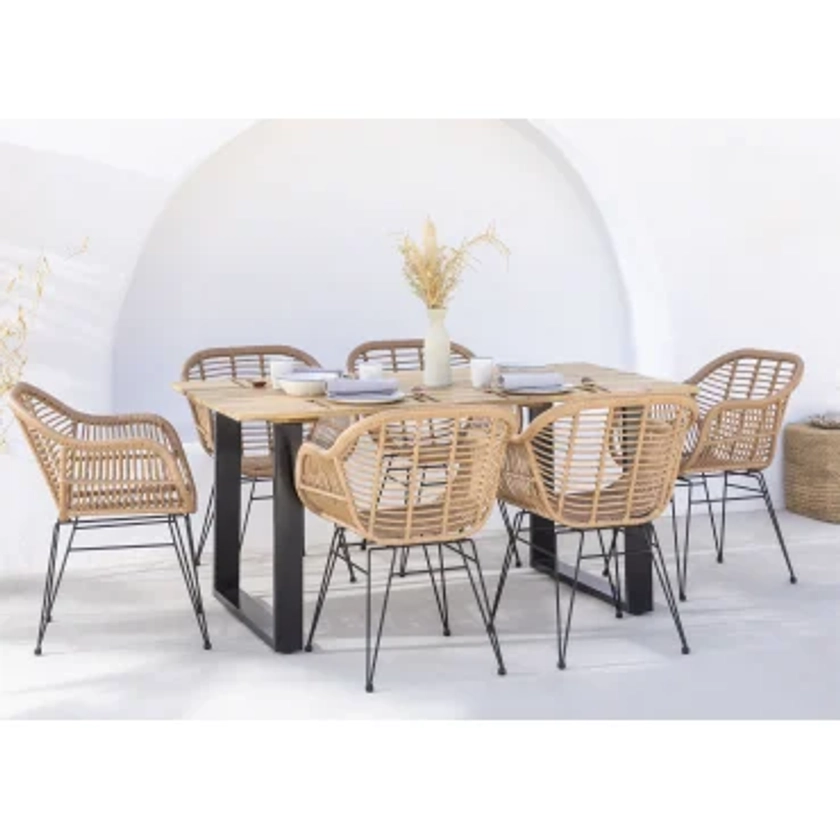 Rectangular Wooden Table Set (160x90 cm) Melina and 6 Zole Synthetic Rattan Garden Chairs