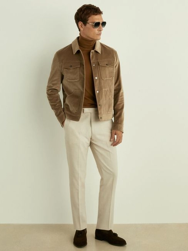 Cotton Blend Velvet Jacket in Taupe Brown - REISS