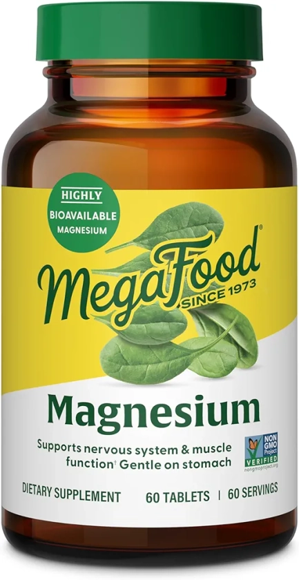 MegaFood Magnesium - Supports heart & nervous system - Magnesium Supplement with fermented Magnesium Glycinate - Vegan, Gluten-Free, Non-GMO and Kosher - Made Without 9 Food Allergens - 60 Tabs