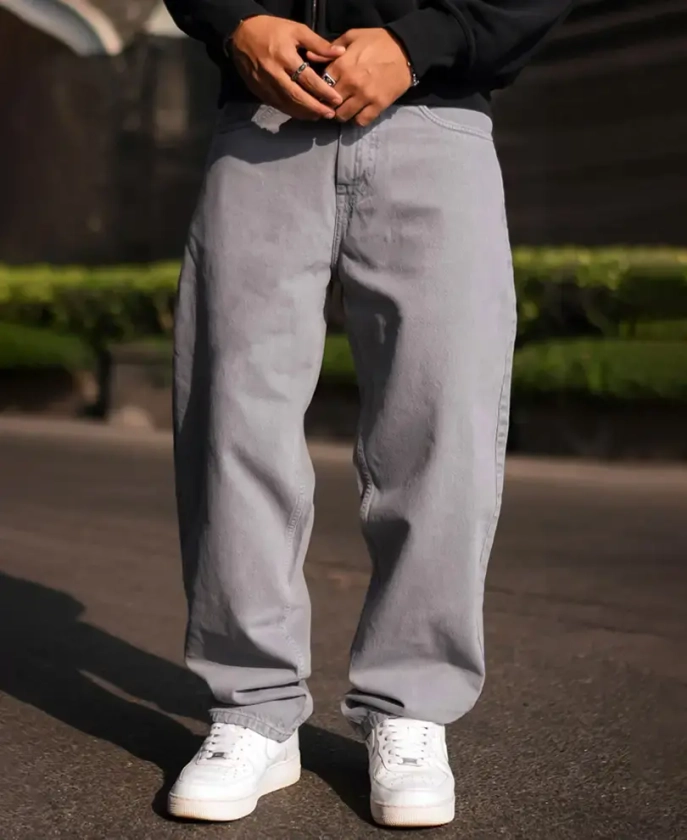 Light Grey Denim Solid Baggy Fit Jeans