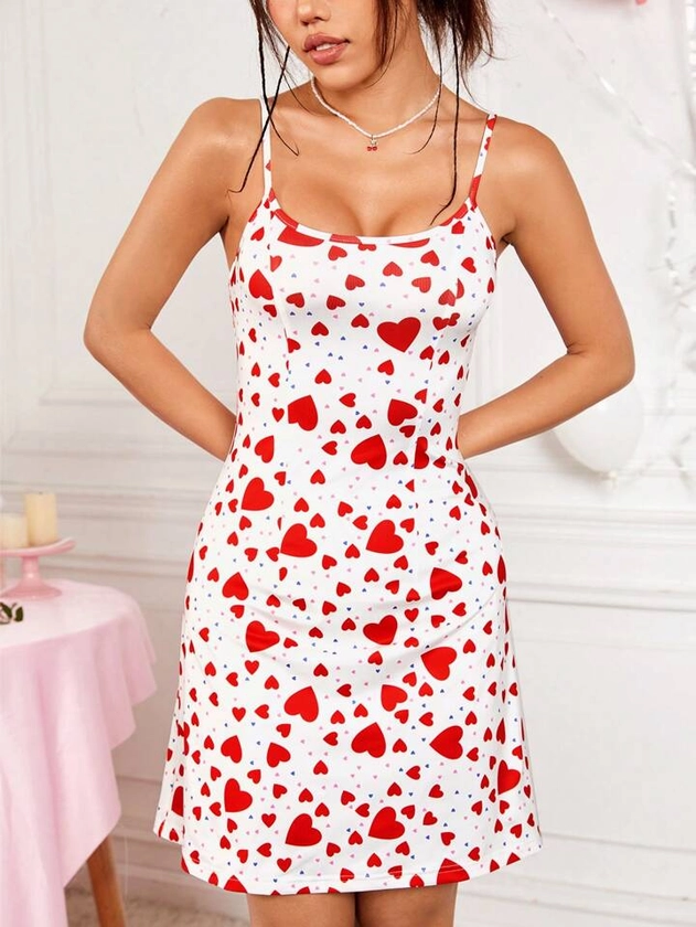 SHEIN Qutie Heart Print Spaghetti Strap A-Line Dress
