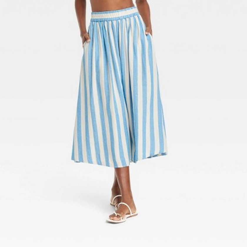 Women's Beach Bungalow Linen Midi Picnic Skirt - A New Day™ Blue/White Striped XL