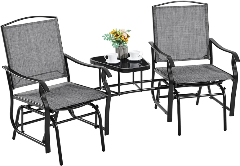 Yaheetech Outdoor Glider Chairs with Glass Table Rocking Chairs, Outdoor Loveseat Patio 2-Seat with Breathable Sling Fabric for Lawn, Garden and Porch, Gray