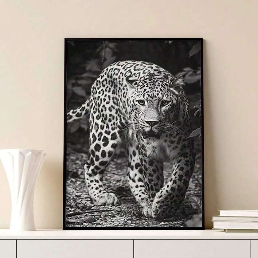 1 Pc Framed Art Decoration Ready To Hang Black And White Leopard Fashion Animal Poster Print Canvas Wildlife Wall Decor Painting Room Home Picture Art Inspiration Framed