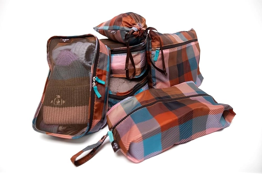 Buffalo Check Teal Orange and Brown Retro Plaid Packing Travel Cubes for Camping and Adventuring