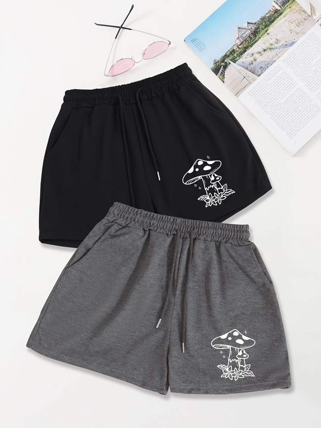Mushroom Print Shorts 2 Pack, Casual Drawstring Sporty Shorts For Spring & Summer, Women's Clothing
