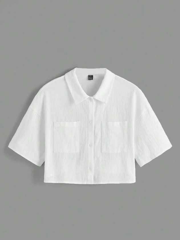SHEIN EZwear Drop Shoulder Patch Pocket Crop Shirt | SHEIN UK