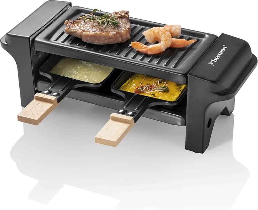 Bestron Appareil a raclette, Mini Grill pour 1 à 2 personnes, avec 2 poêlons et 2 spatules, avec revêtement antiadhésif, 350 Watts, couleur: noir/bois