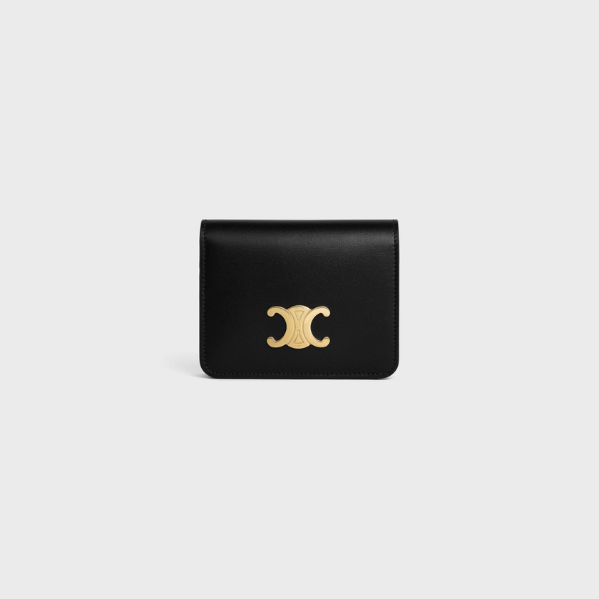 TRIOMPHE COMPACT WALLET IN SHINY CALFSKIN - BLACK | CELINE