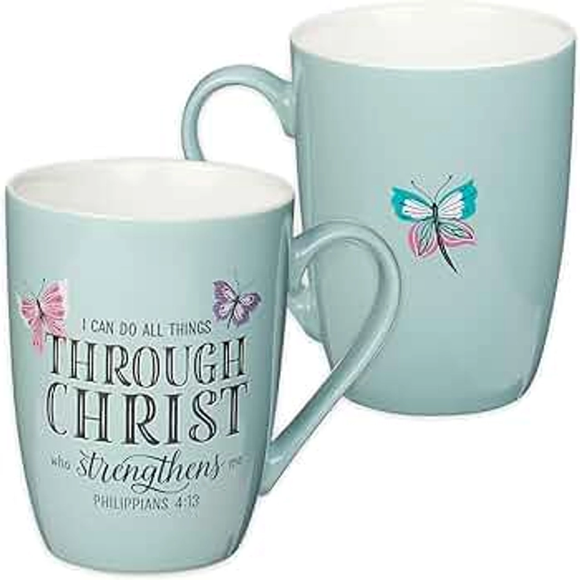 Christian Art Gifts Blue Butterfly Ceramic Coffee Mug – 12 oz. Microwave and Dishwasher-safe Inspirational Scripture Coffee and Tea Mug with Bible Verse: All Things Through Christ – Philippians 4:13