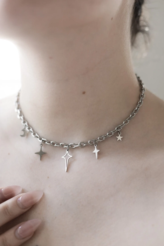 Starbound Charm Necklace | Antiallergenic Chain Silver Charms Alternative Star Celestial Necklace Alt grunge y2k egirl edgy aesthetic