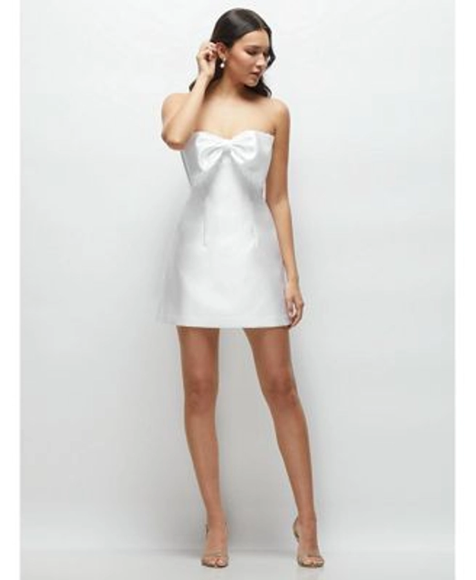 Alfred Sung Women's Over d Bow Strapless Little White Mini Dress with Pearl Accents