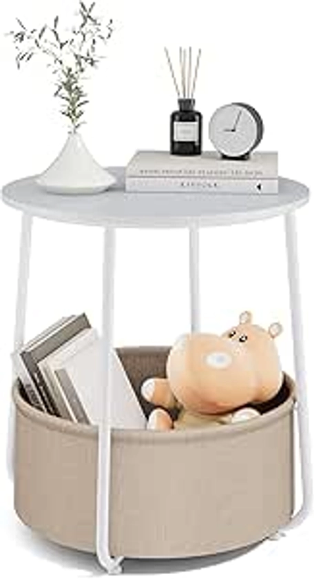 Amazon.com: DUMOS Small Round Side End Table, Modern Nightstand with Fabric Storage Basket, Bedside Table for Living Room Bedroom (White & Beige : Home & Kitchen