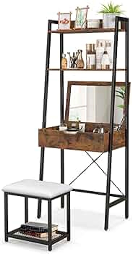 COSTWAY Ensemble de Coiffeuse et Tabouret avec Miroir Rabattable, Table de Maquillage avec 2 Étagères de Rangement, Tabouret Rembourré, Style Industrielle, Noir + Marron Rustique