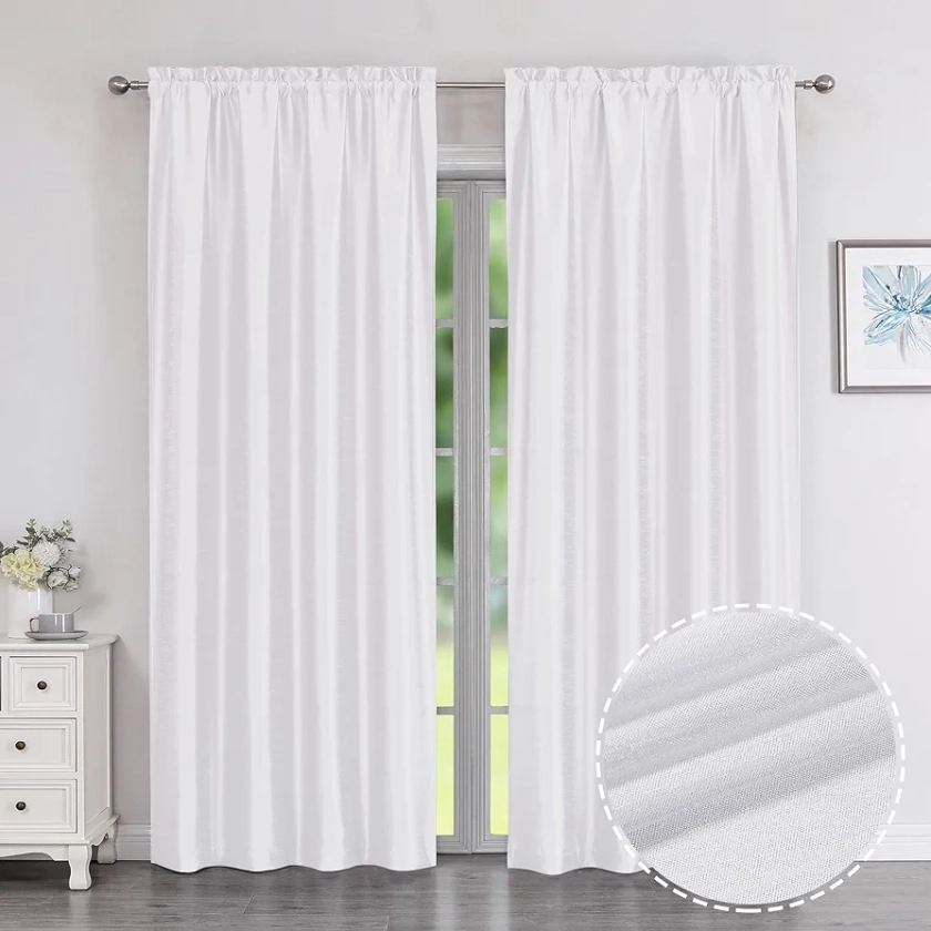 Uptown Faux Silk White Curtains 84 Inch Length 2 Panels for Bedroom, Light Filtering Soft Shiny Fabric Rod Pocket Window Drapes for Living Room, Each 40x84 Inches, 7 FT
