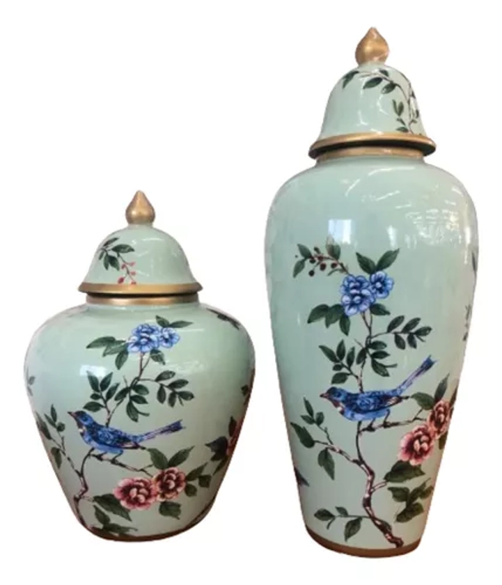 Jogo 2 Vasos Decorativos Porcelana Verde 50x20 34x22