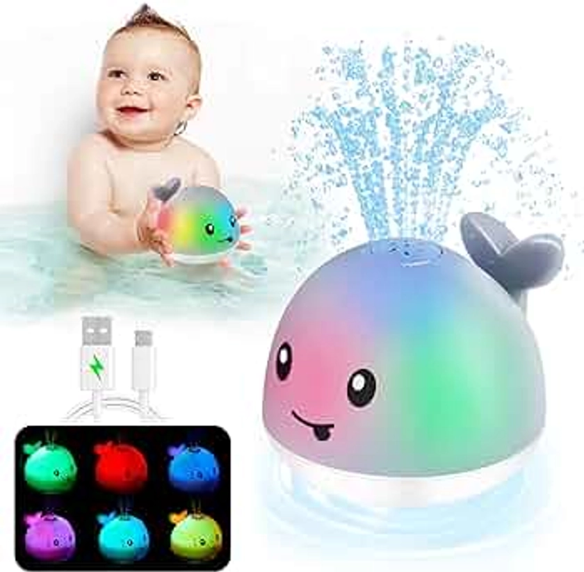 【2024 Upgraded】Baby Bath Toys, Rechargeable Whale Bath Toy Sprinkler, Light Up Bath Toys for Toddlers 1-3, Baby 6-12 12-18 Months Bathtub Fountain Spray Water Toy, Baby Birthday Shower 1 2 3 4 5 Gifts