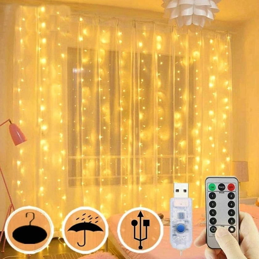 300 LED Curtain Lights, USB Plug in Window Lights, 3m x 3m 8 Modes Remote Control Fairy Light Waterproof LED Copper String Lights for Outdoor Indoor Wedding Party Garden Bedroom Decoration, Warm White : Amazon.co.uk: Lighting