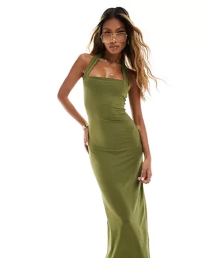 ASOS DESIGN bodycon midi dress with halter strap in olive green | ASOS