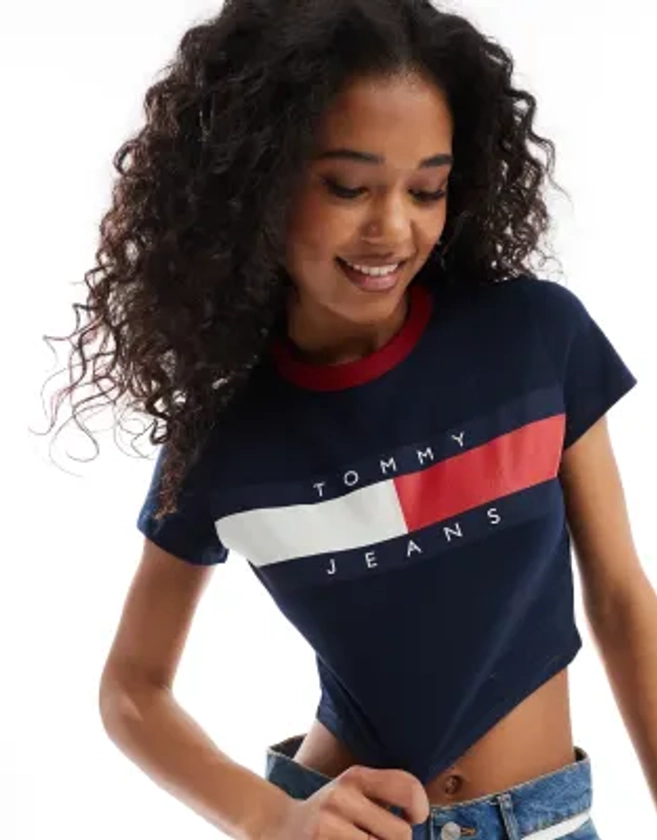 Tommy Jeans slim ringer t-shirt with block flag in navy | ASOS