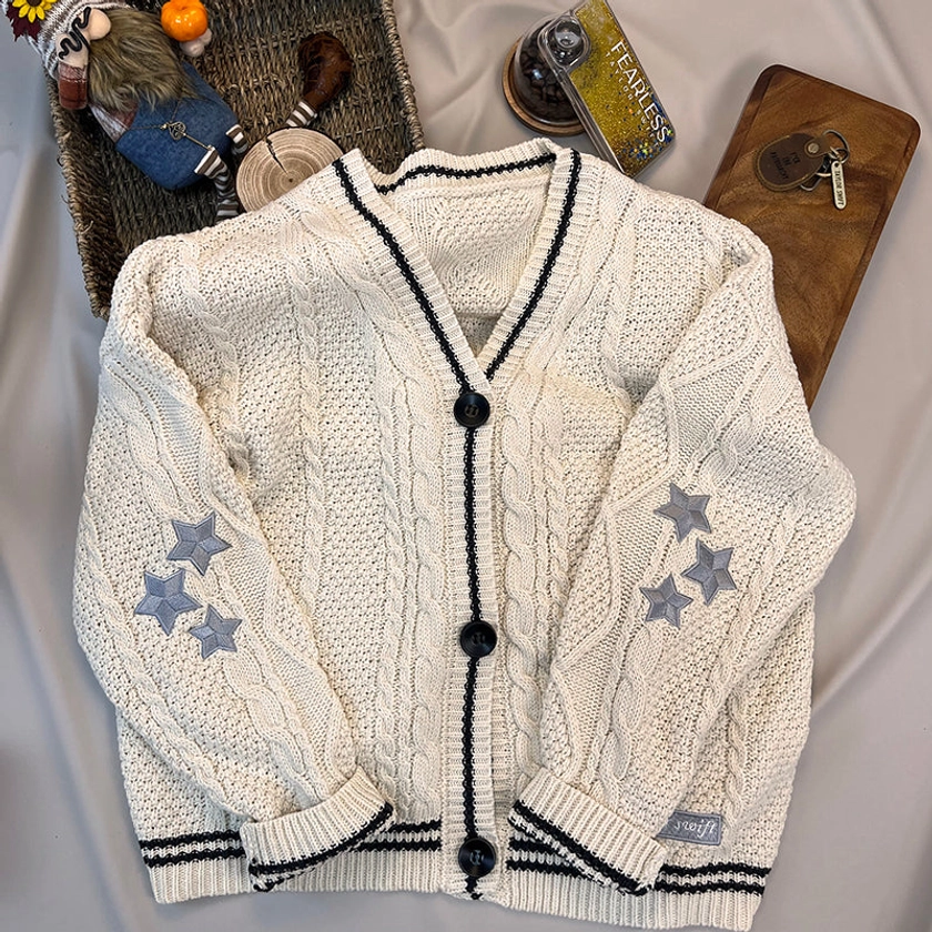 Cream Knitting Taylor Cardigan ‘TS’ Inspired Star Embroidery Cardigan - taytaymerch
