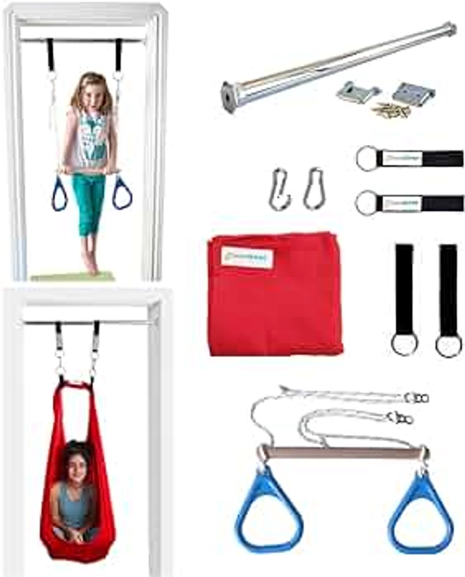 DreamGYM Doorway Sensory Swing Kit - Red Compression Swing and Trapeze Bar with Blue Gym Rings Combo