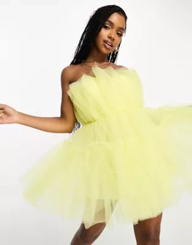 Miss Selfridge occasion tulle mini dress with shorts lining in yellow | ASOS
