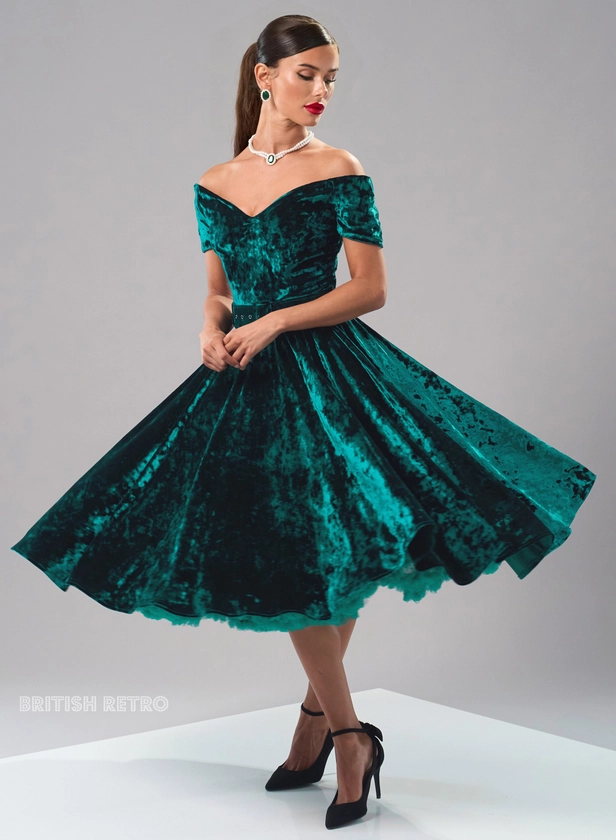 New! 'Dee Dee' Emerald Crushed Velvet Vintage Full Circle Dress