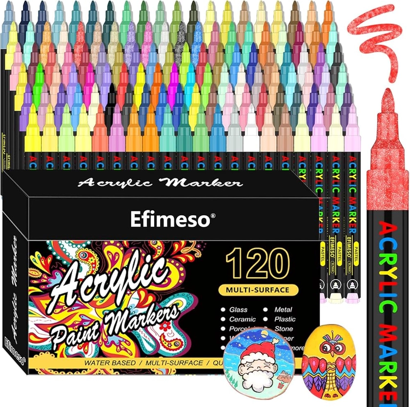 Efimeso Set De Feutre Acrylique - 120 Couleurs Marqueur Acrylique Pour La Peinture Des Rochers, Céramique, Pierre,Verre, Bois Et Métal, Feutre Peinture Acrylique 0.7mm Pointe Extra Fine Stylos