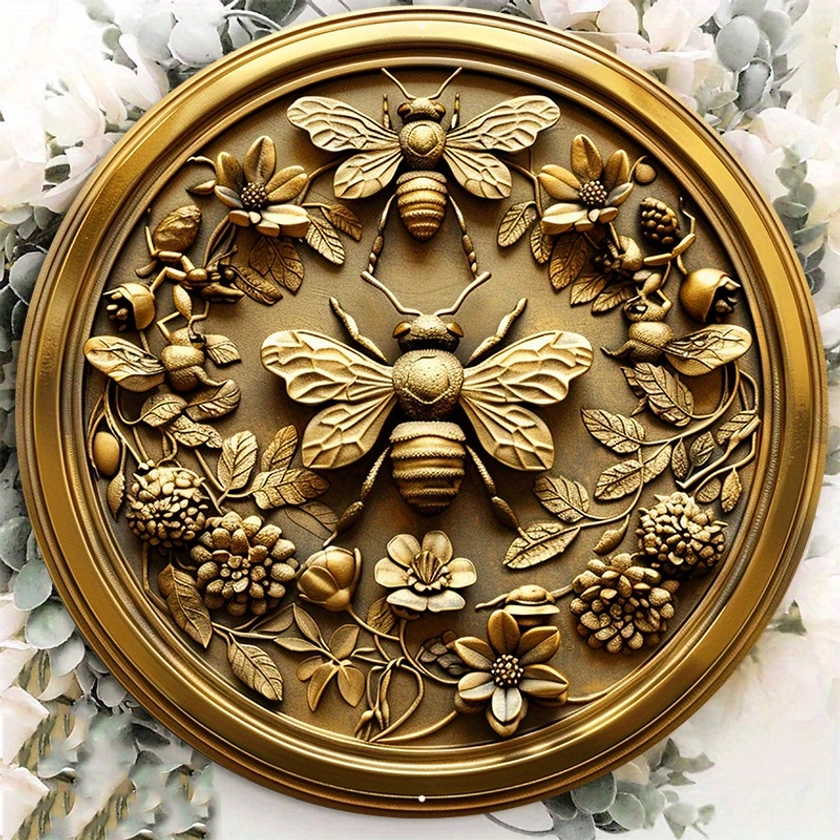 1pc 8x8inch Aluminum Metal Sign This Is A Circular Gold Medallion With Bees And Flowers On It Rt Round Aluminum Sign Door Hanger Sign Wall Sign Wreath