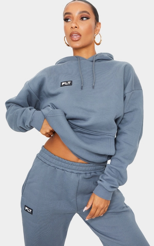 PRETTYLITTLETHING Logo Charcoal Badge Detail Oversized Hoodie