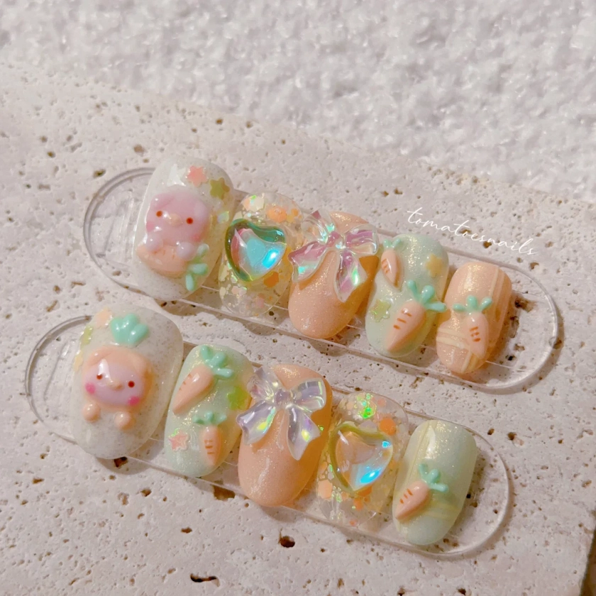 Piglet Carrot Confetti, Cute Pig Nails, Cute Carrot Nails, Kawaii Glitter Pastel Nails, Sweet 3D Nails, Reusable Nails, Custom Handmade Nail