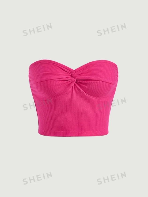 SHEIN MOD Rose Summer Date Night Twist Front Ribbed Knit Tube Top