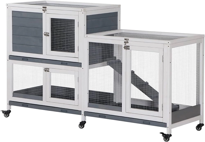 PawHut Wooden Rabbit Hutch Bunny Hutch Elevated Pet House Cage Small Animal Habitat with No Leak Tray Lockable Door Openable Top for Indoor 57.75" x 18" x 32.5" Grey