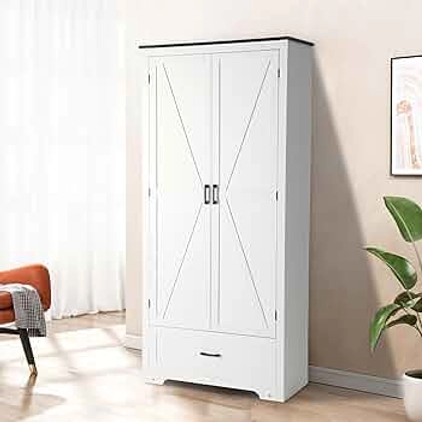 BTDWI 70" Tall Kitchen Pantry Cabinet, Food Storage Cabinet with Large Drawer, 2 Doors and Shelves for Bathroom, Laundry, Dinning Room, Utility Room, Bedroom-White