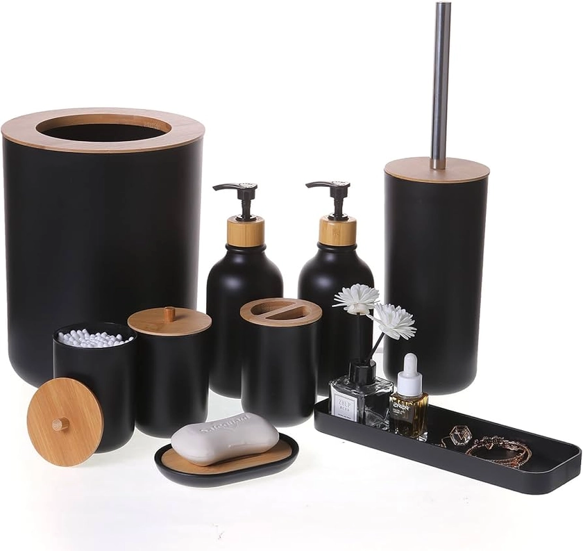 Matte Black Bathroom Accessories Set 9PCS,Bamboo Bathroom Accessories Sets Complete with Trash Can,Soap Dispenser and Toothbrush Holder Set,Toilet Brush,Qtip Holder,Vanity Tray,Soap Dish