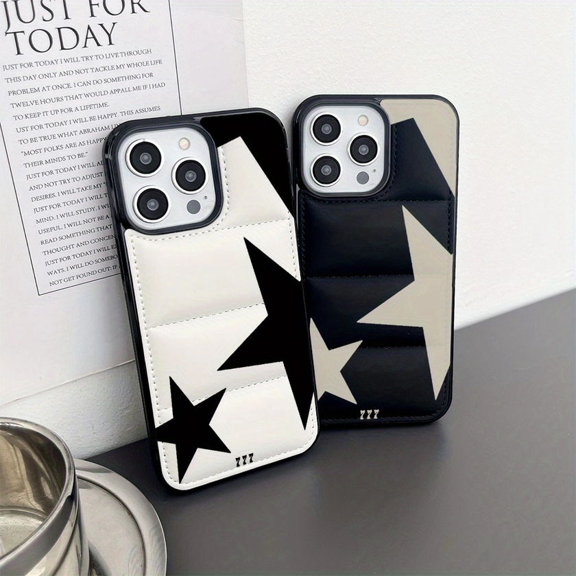 Cute Black And White Stars Puffer Phone Case For IPhone 15 14 13 12 11 Pro Max Plus XR Soft Down Jacket Material Protective Shockproof Phone Case Perf
