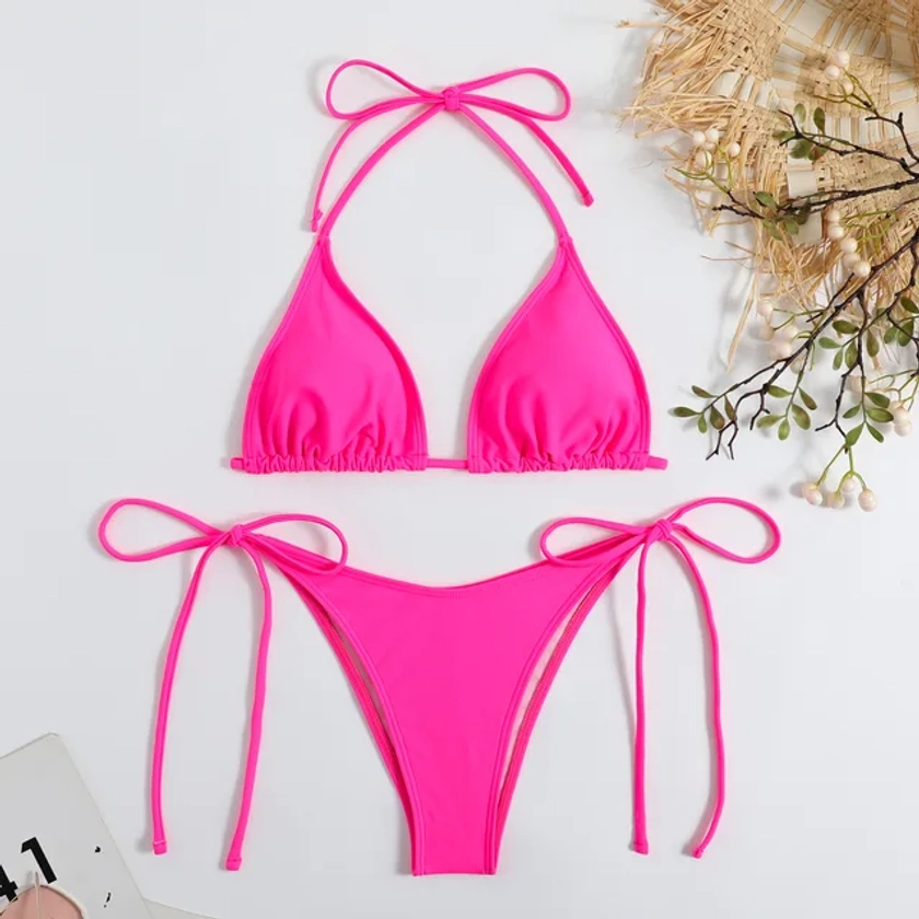 8.2€ |Maillot de bain deux pièces pour femmes, sexy, solide, dos nu, sangle fendue, ajustable, style brésilien, vêtements de plage | AliExpress