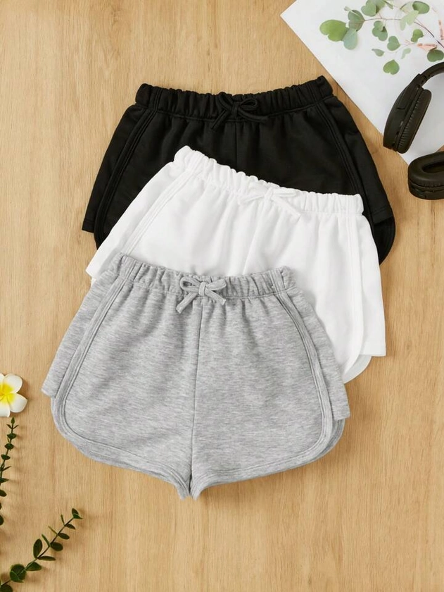 SHEIN Tween Girl Knit Solid Color Bowknot Decor Casual Shorts 3pcs/Set For Summer