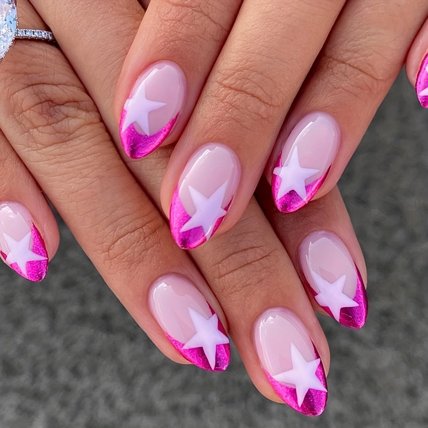 24pcs Pink French Tip Press On Nails Short Almond * Nails Glossy Full * Stick On Nails False Nails Tips Cute Acrylic Nails With Rose *